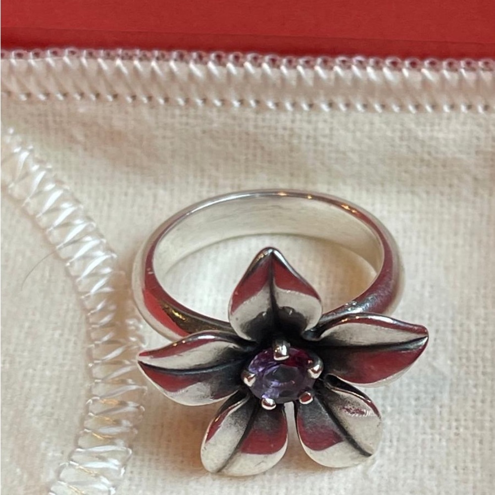 James Avery Silver Floral Ring with Purple Stone